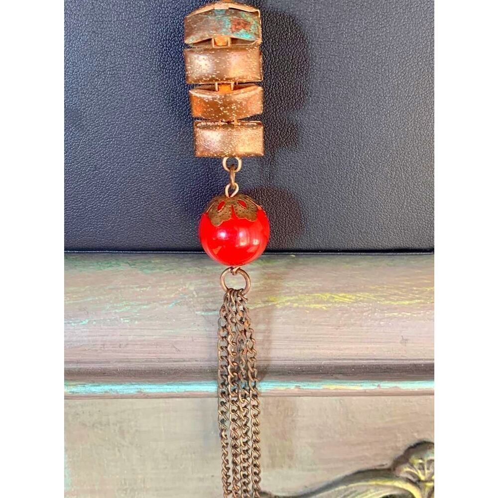 Vintage Red Glass Bead and Brass Tassel Necklace, Unmarked